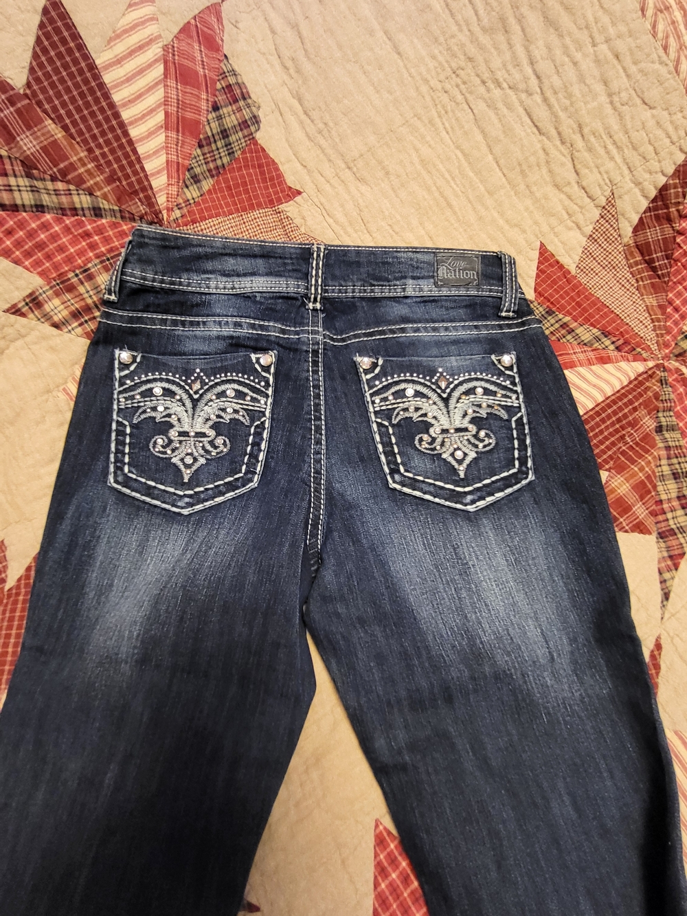 Love Nation Dark Blue Embroidered Pocket Cropped Jeans. 22" Long